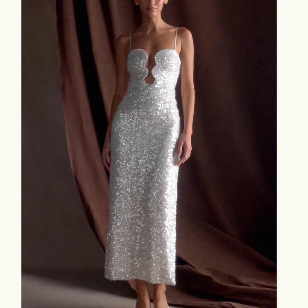 Meshki Silver-White Sequin Strapless Cutout Gown
